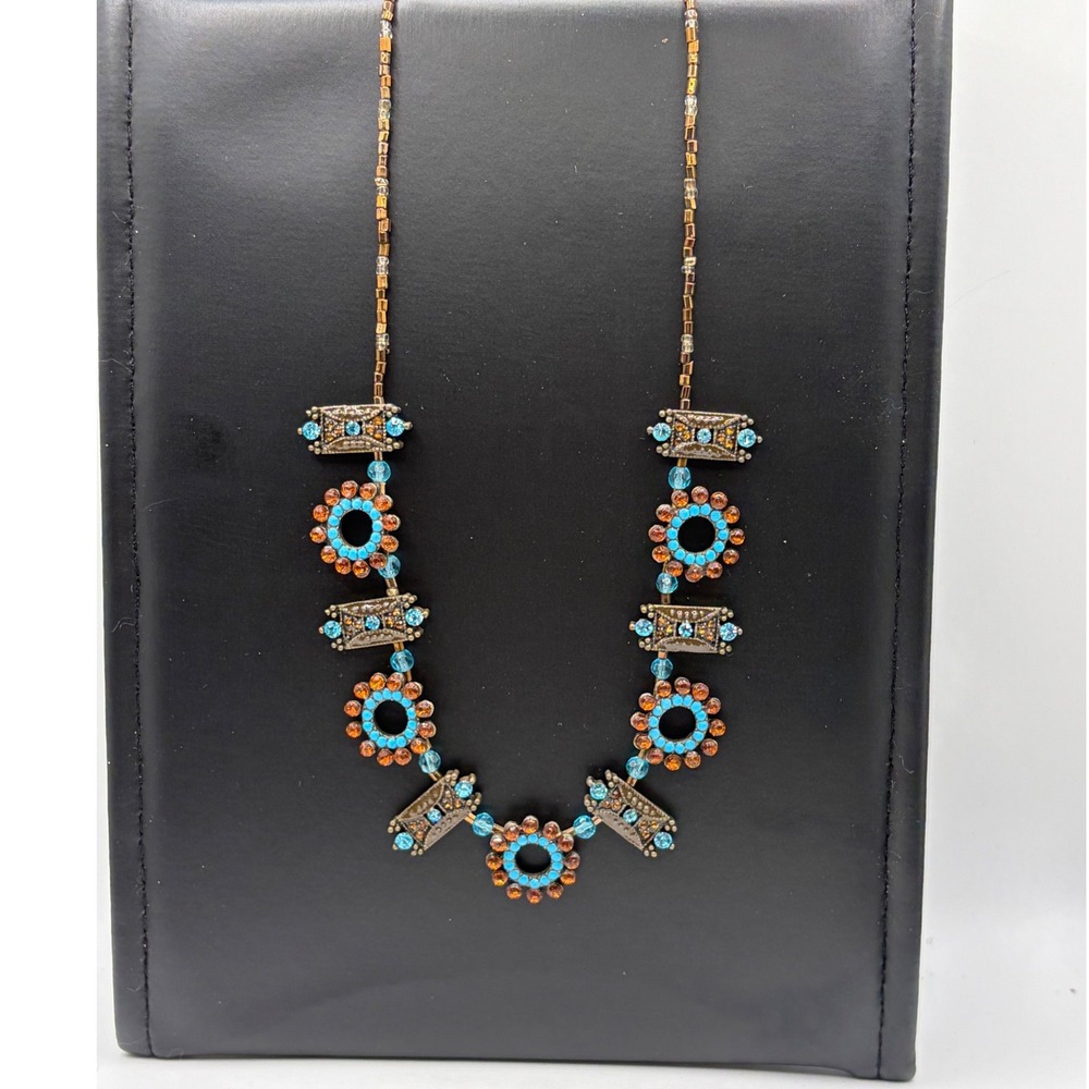 Boho Turquoise Amber Beaded Statement Necklace Antique Brass Blue Rhinestone